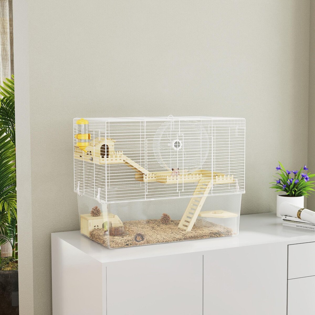 PAWHUT Cage à hamster à 3 niveaux avec roue d'exercice, plateau, 59 x 35,5 x 47 cm, blanc