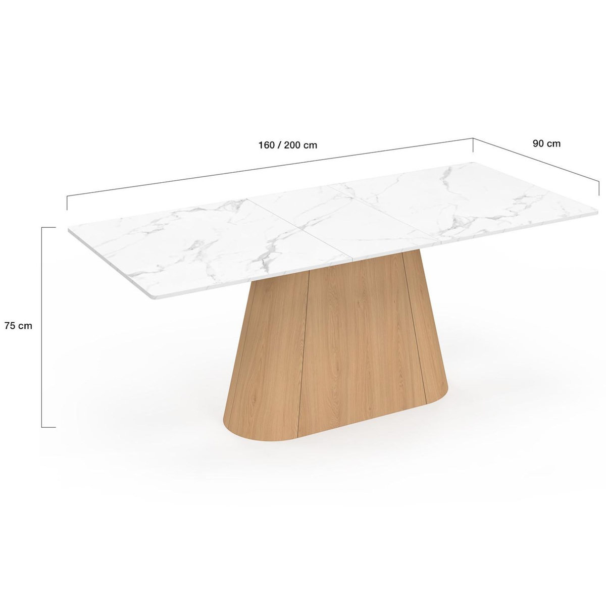 ID MARKET Table à manger extensible rectangle RHONDA 6-10 personnes plateau marbre blanc ALASKA et bois façon hêtre 160-200 cm