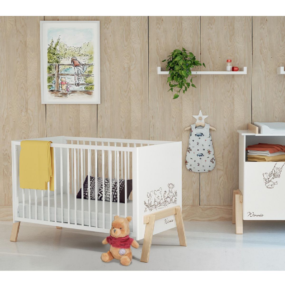 AT4 Lit bébé en bois CANAILLE Winnie Blanc et Hêtre 60 x 120 cm