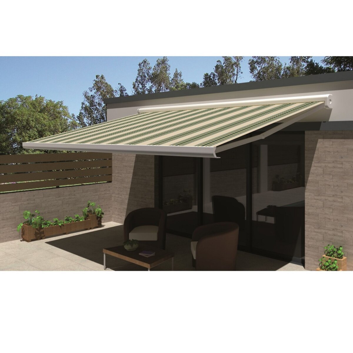 INTERSUN Store manuel ROMA 5x3m toile rayée coffre intégral blanc 