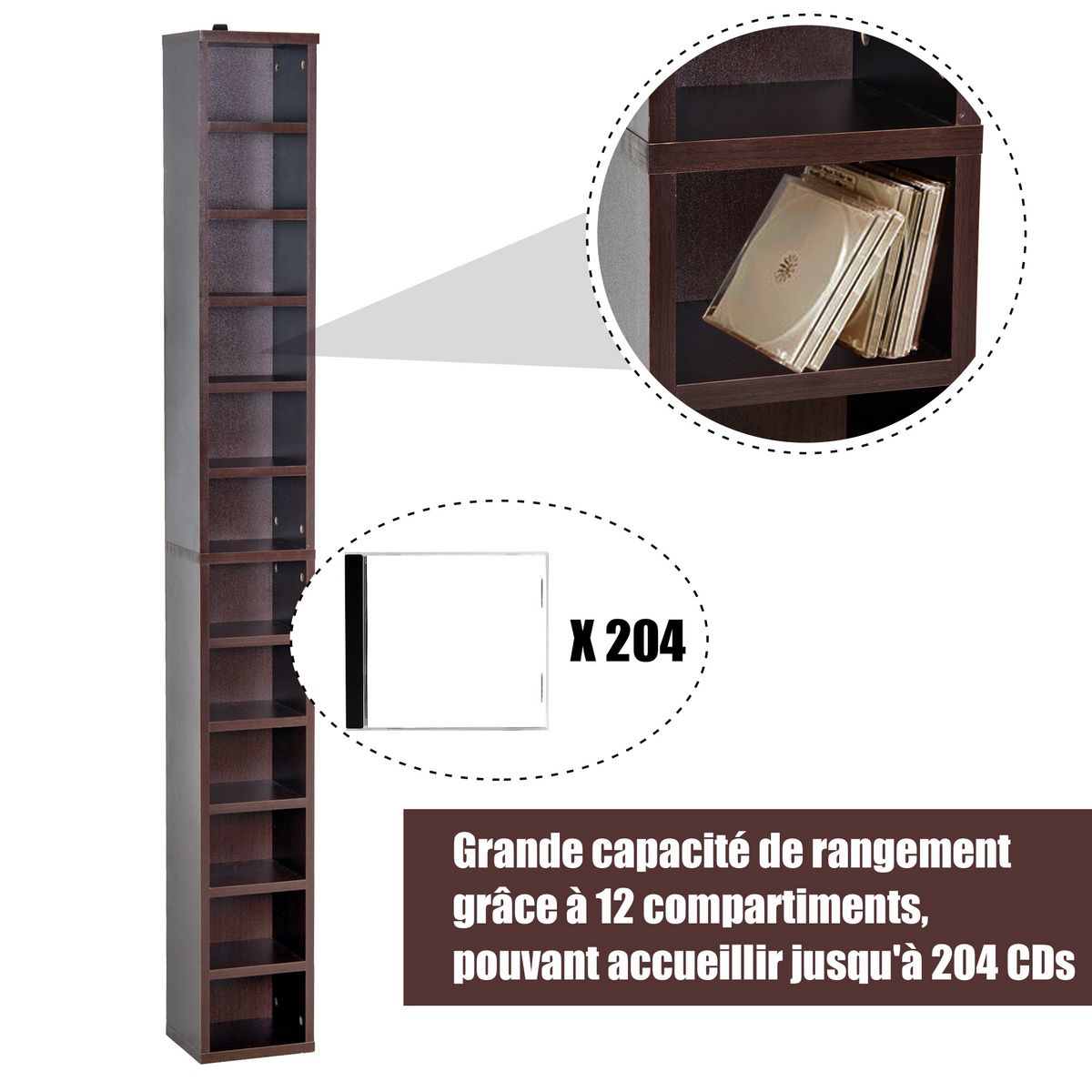 HOMCOM Étagère colonne armoire de rangement CD 12 compartiments 21L x 20l x 175H cm capacité max. 204 CD coloris noyer foncé