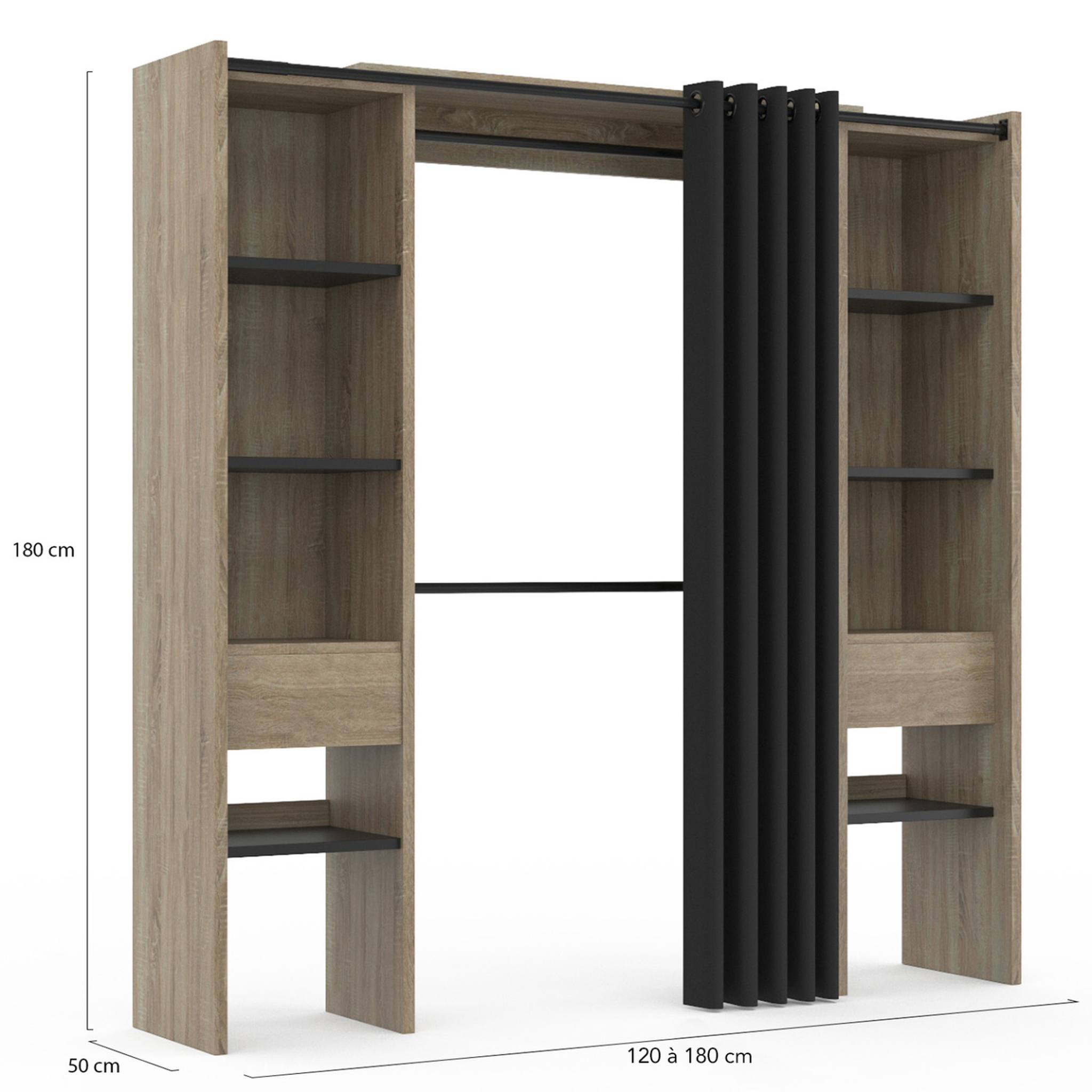 Voir la diapositive 4 : ID MARKET Dressing extensible double meryl 120/180 x 50 x 180 cm hêtre avec étagères hêtre + double penderie + rideau noir