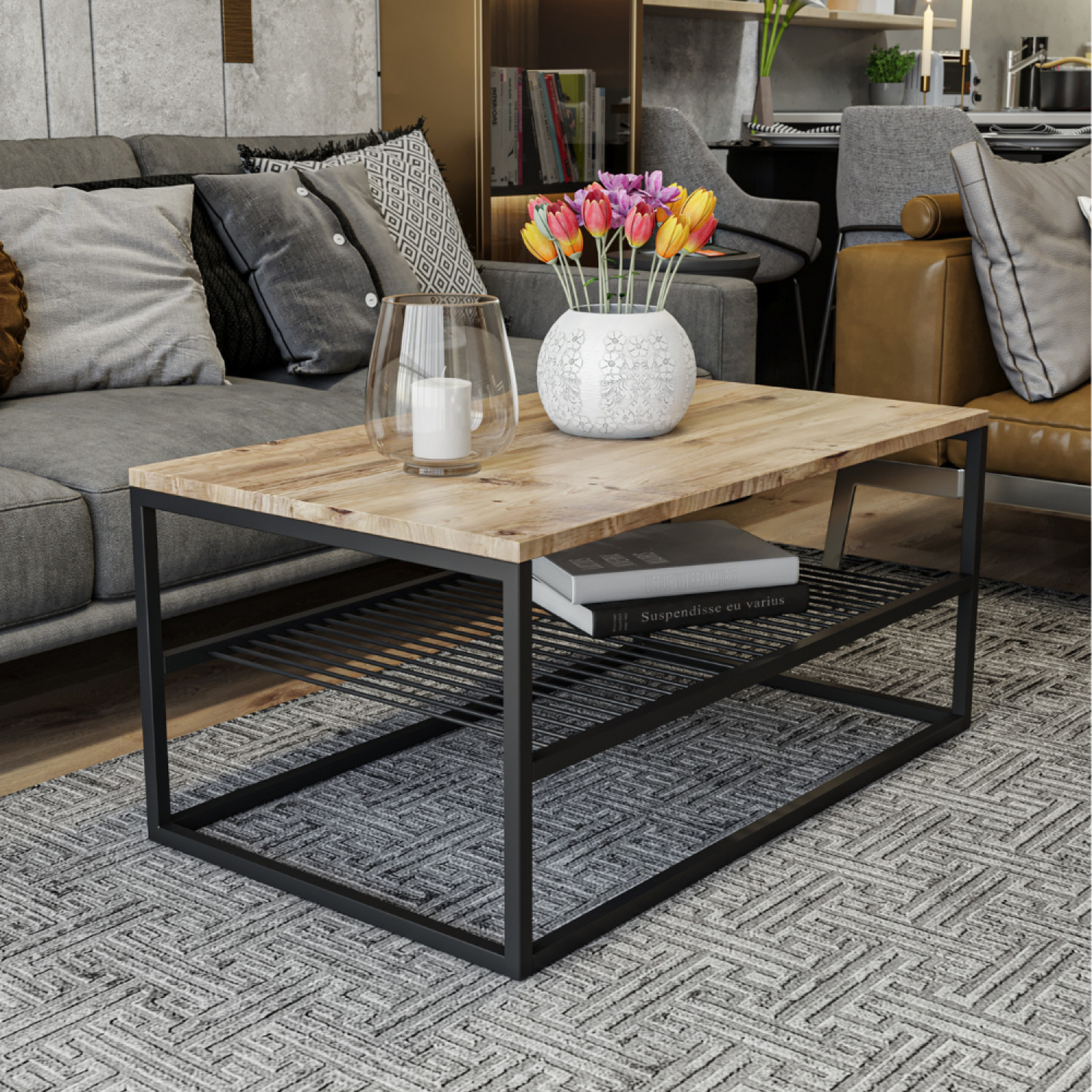 Voir la diapositive 2 : CONCEPT USINE Table basse industrielle avec étagère factory