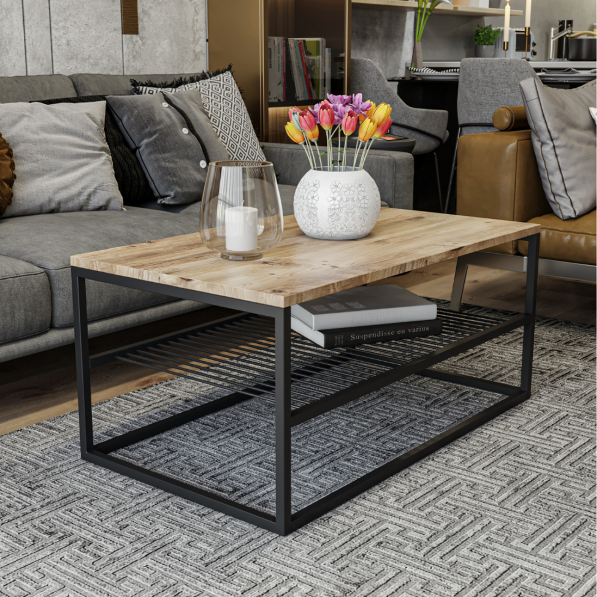 CONCEPT USINE Table basse industrielle avec étagère FACTORY