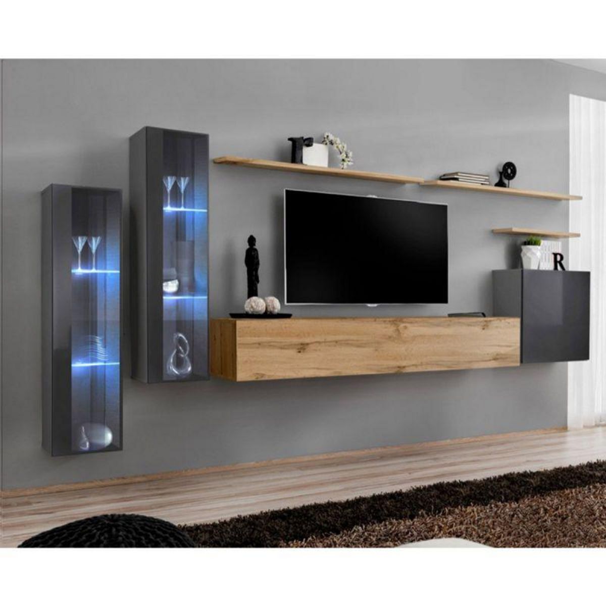 Paris Prix Meuble TV Mural Design  Switch XI  330cm Gris & Naturel