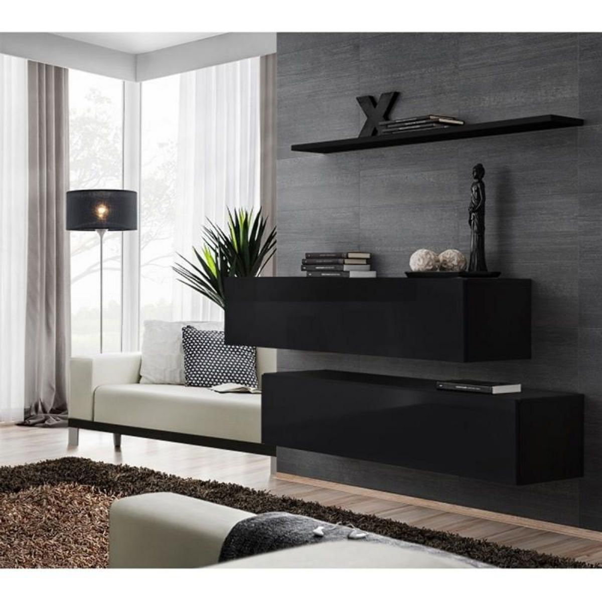 Paris Prix Lot de 2 Bancs Muraux & Étagère  Switch SBII  130cm Noir