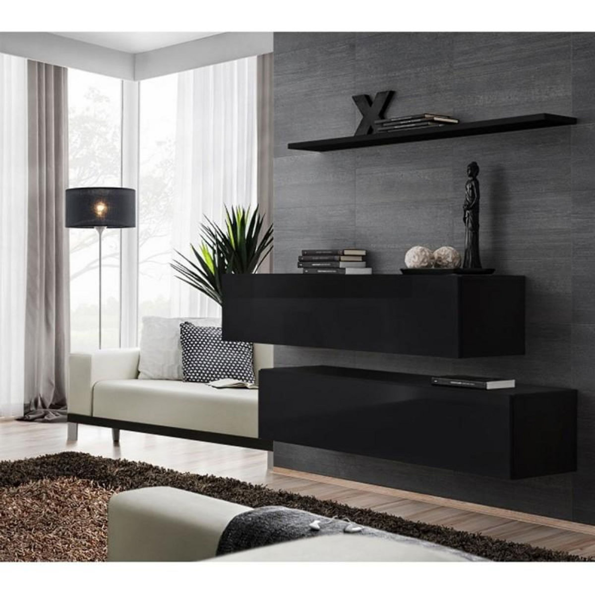 Paris Prix Lot de 2 Bancs Muraux & Étagère  Switch SBII  130cm Noir