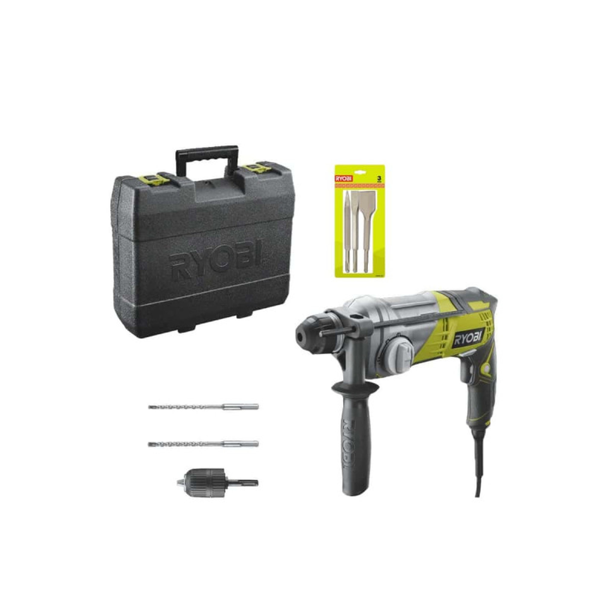 Ryobi Pack Marteau perforateur RYOBI SDSPlus 680 W RSDS680-KA2 - Kit 3 burins SDS+ RIOBY 1 pointe - 1 pla