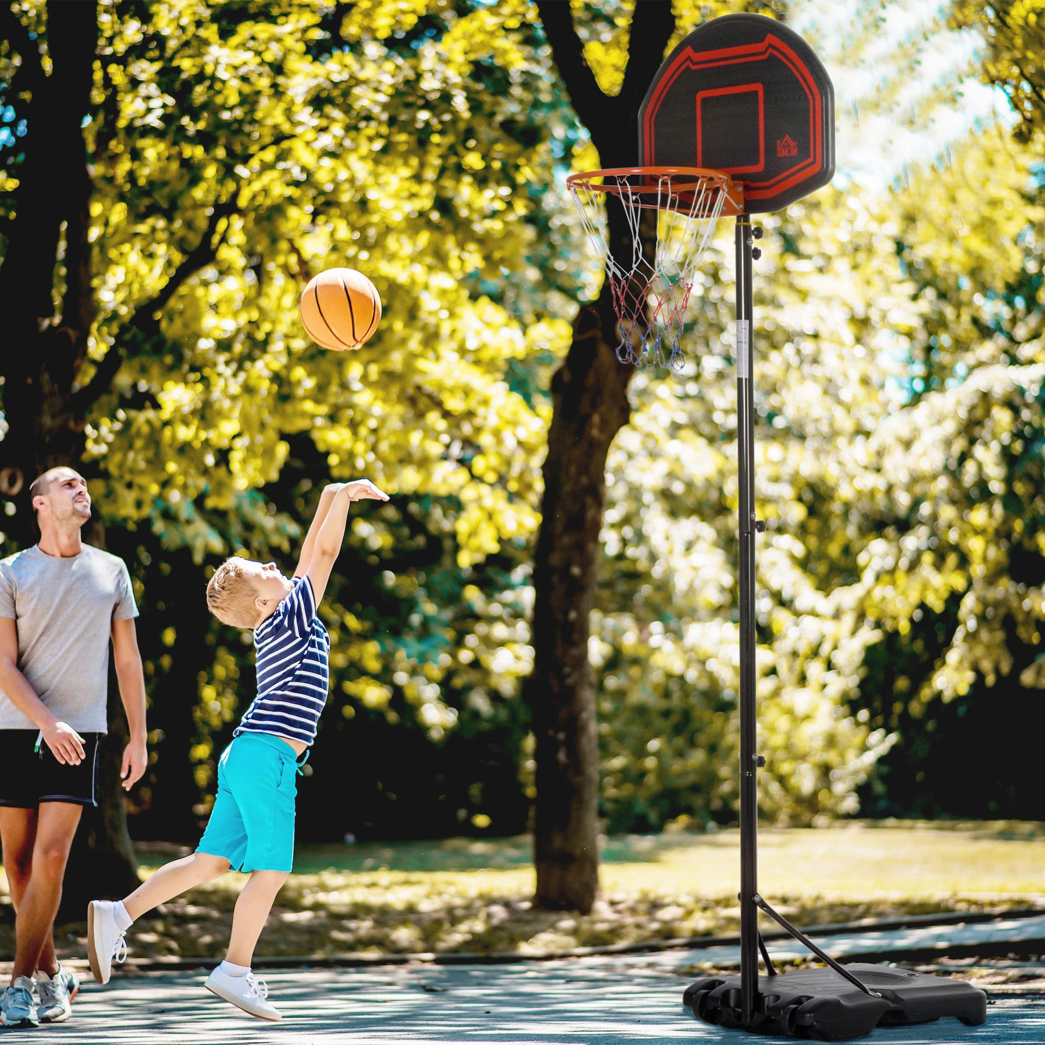 Voir la diapositive 2 : HOMCOM Panier de Basket-Ball sur pied avec poteau panneau - base de lestage sur roulettes - hauteur réglable 5 niveaux 2,45-2,95 m - acier HDPE noir rouge