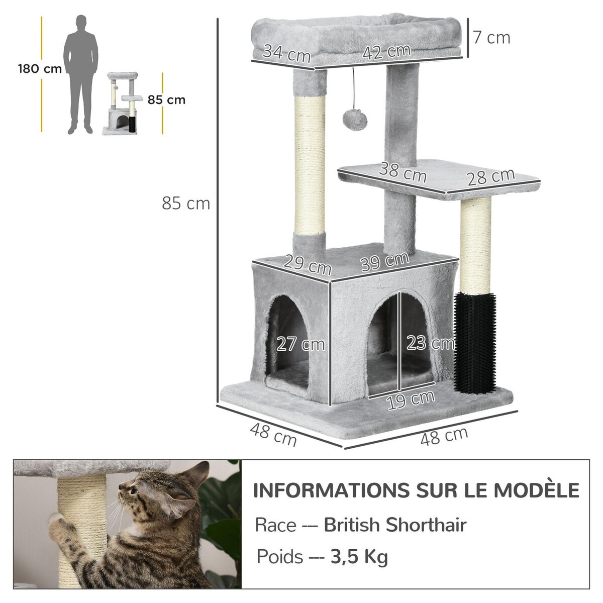 PAWHUT Arbre à chat griffoirs sisal naturel et massant grande niche plateforme panier jeu boule suspendue peluche gris