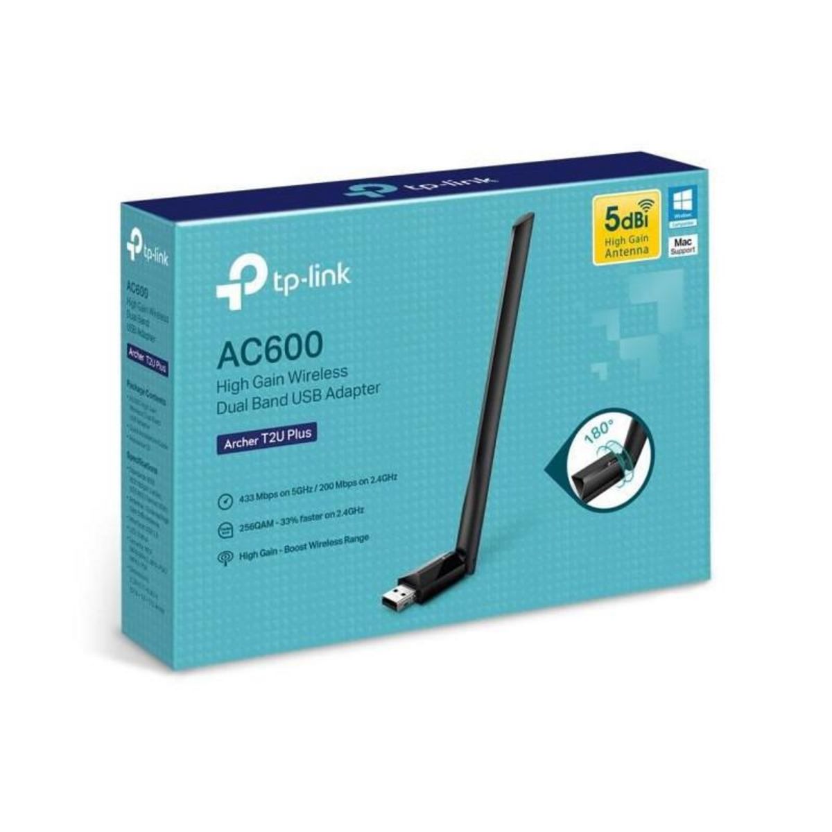 TPLINK TP-Link Archer T2U Plus Adaptateur USB WiFi bi-bande AC 600 Mbps a gain eleve
