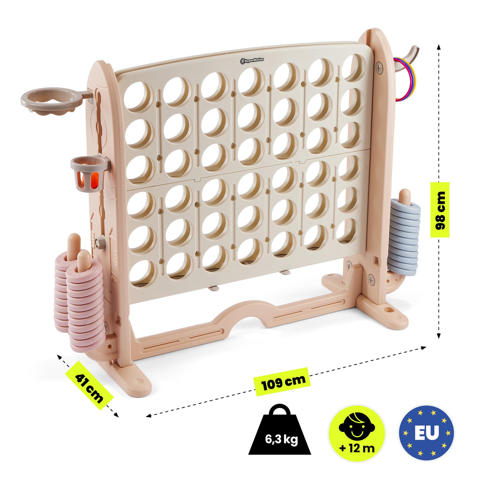 Voir la diapositive 3 : HYPERMOTION Centre de Jeux 4 en 1 en PEHD Puissance 4 Basket Anneaux et Golf Dim 109x41cm Beige-Gris
