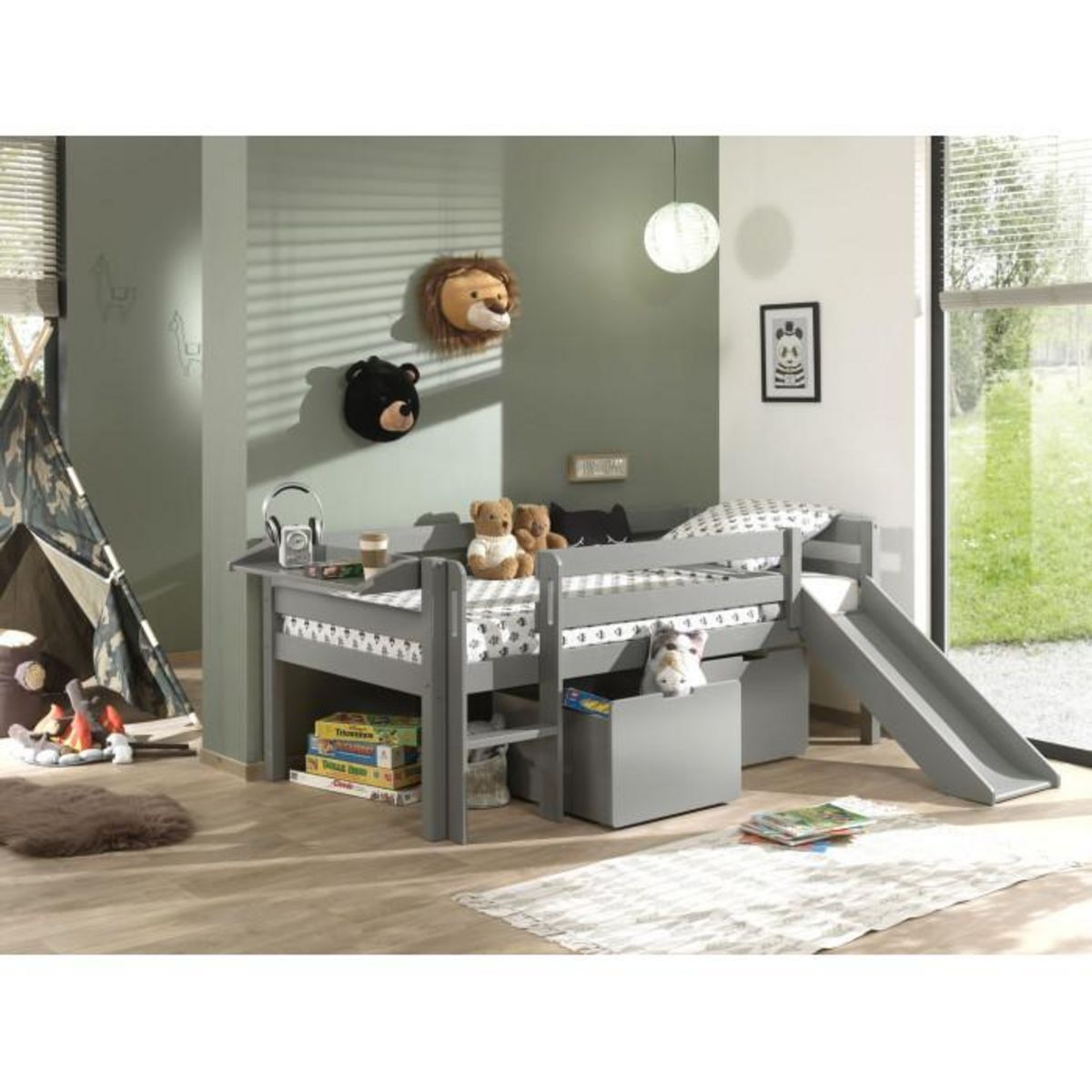 Paris Prix Pack - Lit Enfant Surélevé, 2 Tiroirs & Étagère  Pino  Gris
