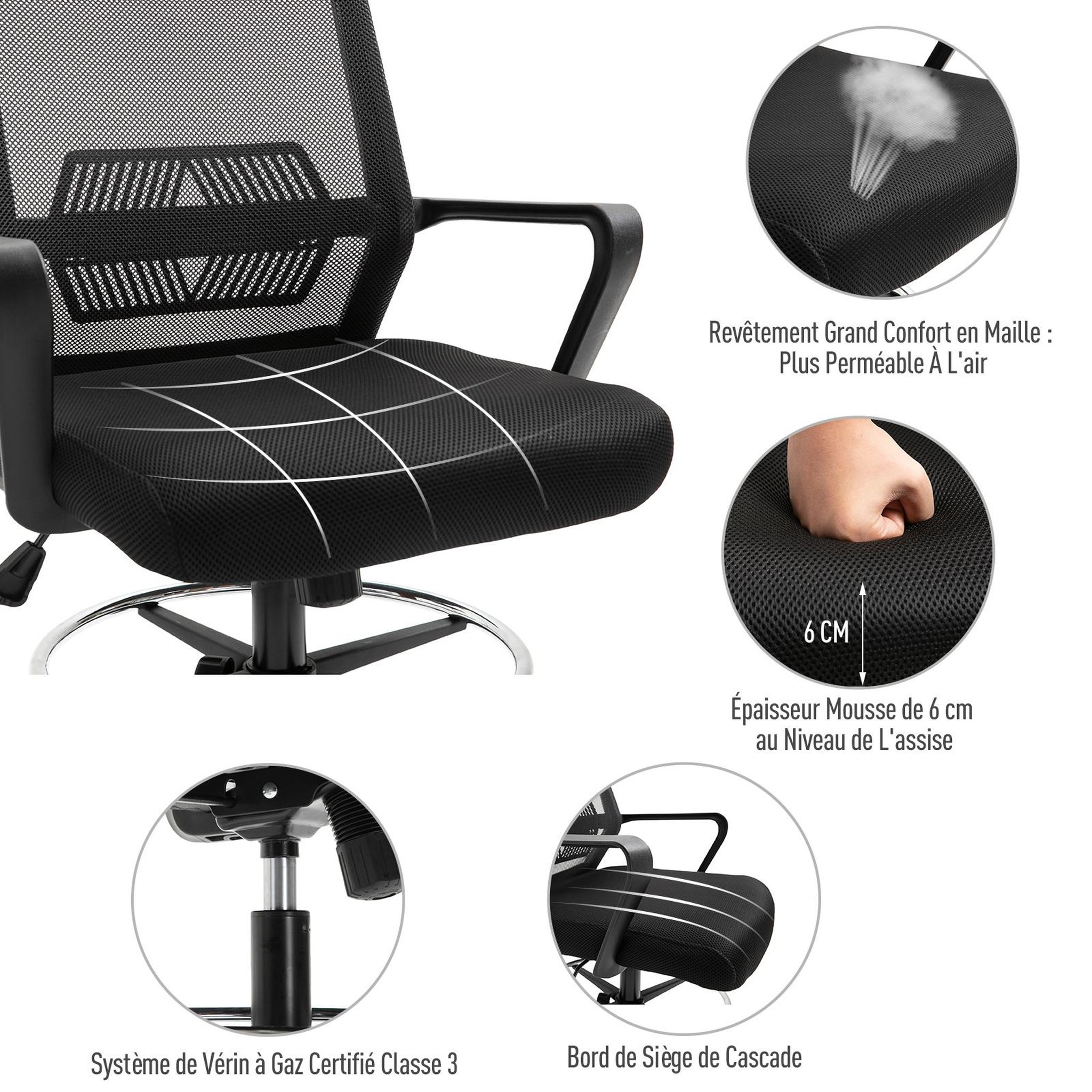 Voir la diapositive 6 : HOMCOM Fauteuil de bureau chaise de bureau assise haute réglable dim. 64L x 59l x 104-124H cm pivotant 360° maille respirante noir