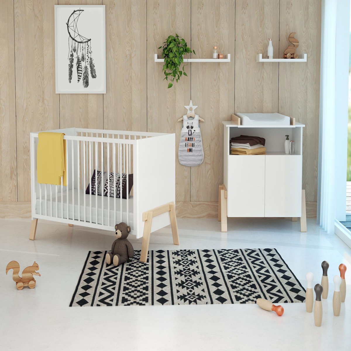 AT4 Lit bébé 60x120 CANAILLE Blanc et Hêtre