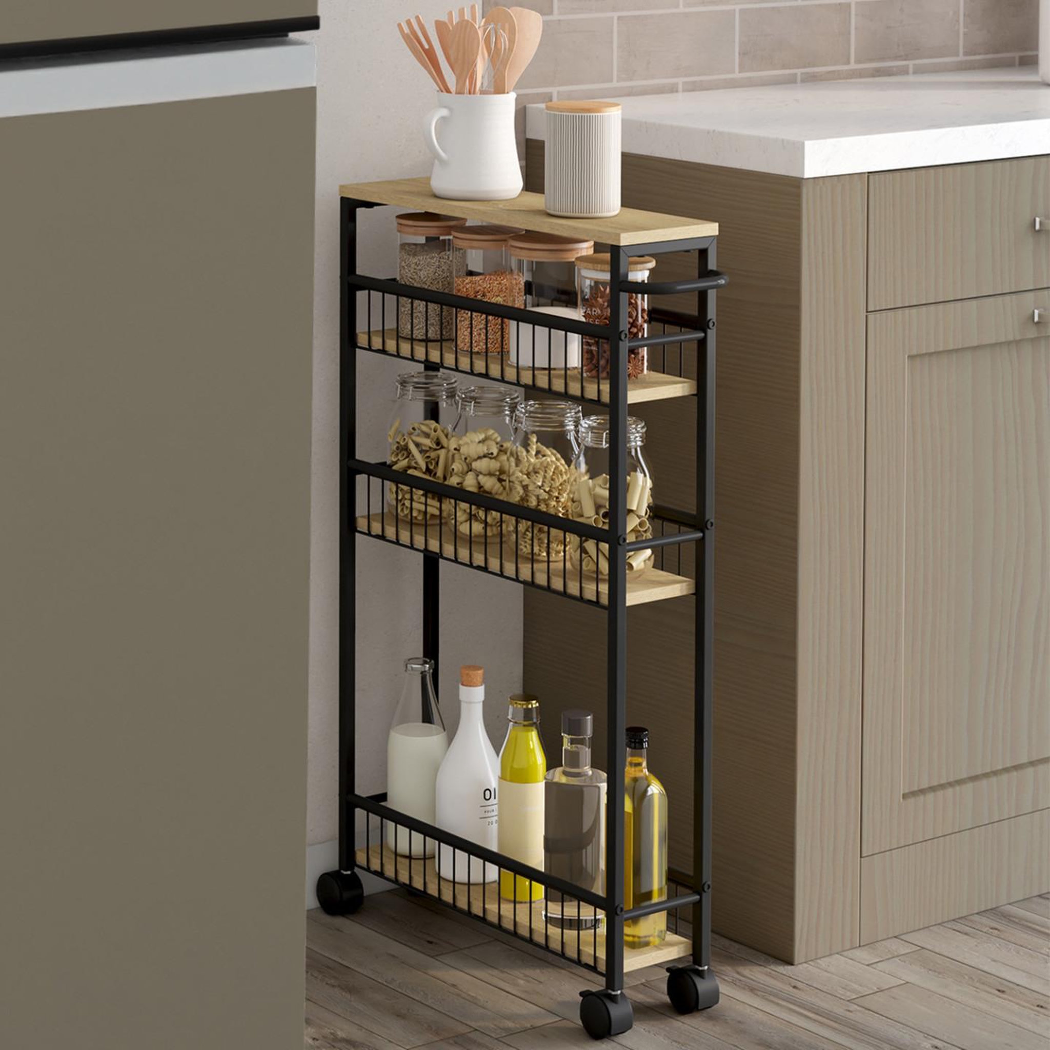 Voir la diapositive 2 : ID MARKET Desserte de cuisine gain de place detroit 4 niveaux sur roulettes design industriel