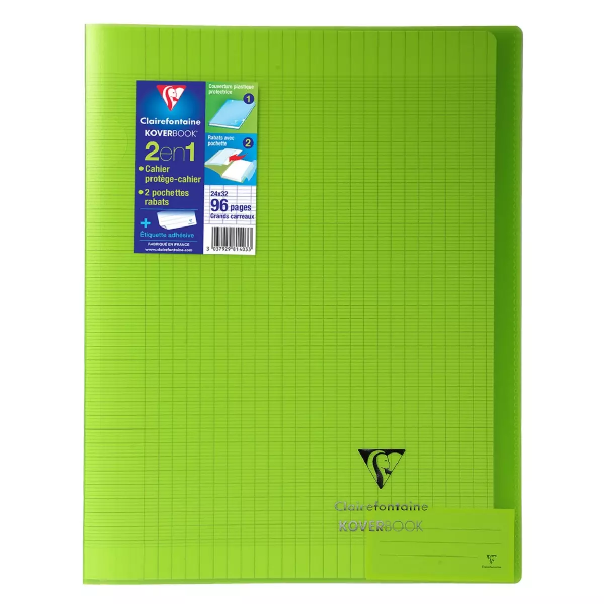 CLAIREFONTAINE Cahier piqué Koverbook 24x32cm 96 pages grands carreaux Seyes vert transparent