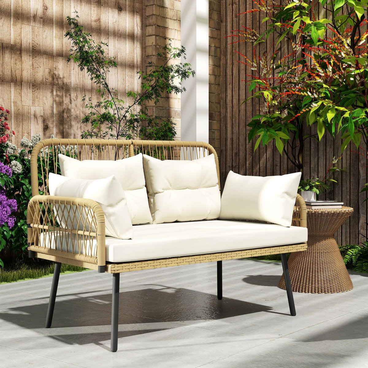 OUTSUNNY Canapé de jardin 2 places style colonial 5 coussins beige résine tressée aspect rotin
