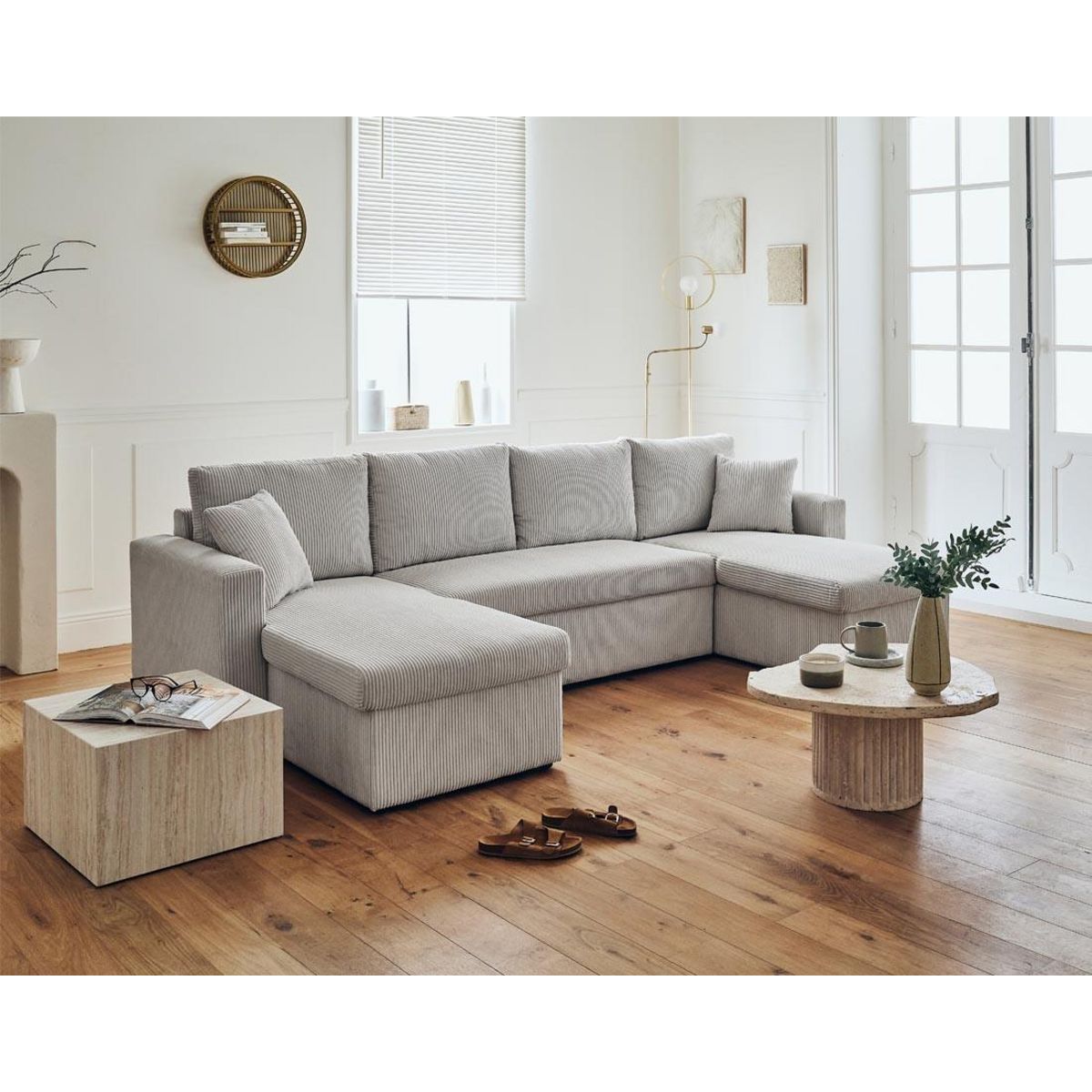 BEST MOBILIER Cyrus - canapé panoramique en u - 7 places - convertible avec coffre - en velours côtelé