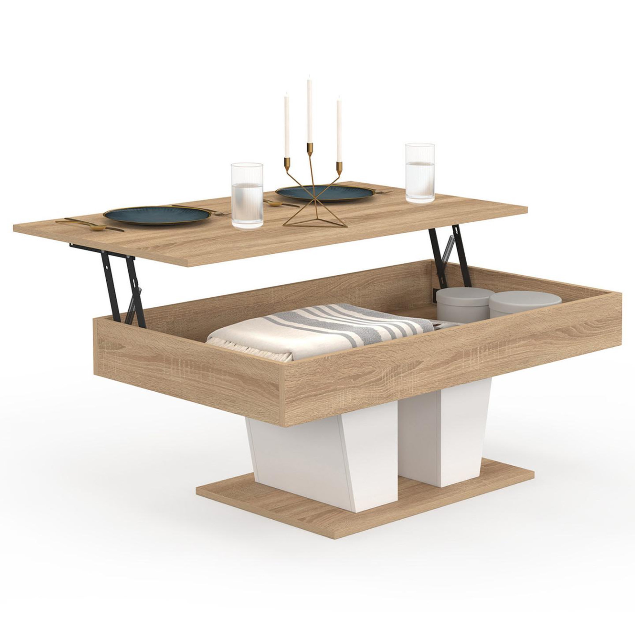 ID MARKET Table basse plateau relevable rectangulaire eliad bois et blanc