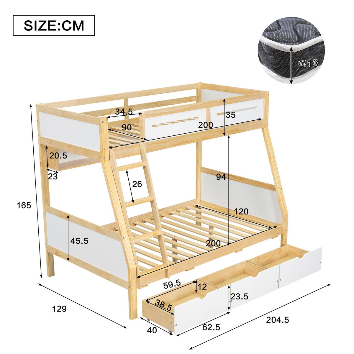 MERAX Lit superposé 120x200(90x200)cm coloris naturel+blanc pin et mdf