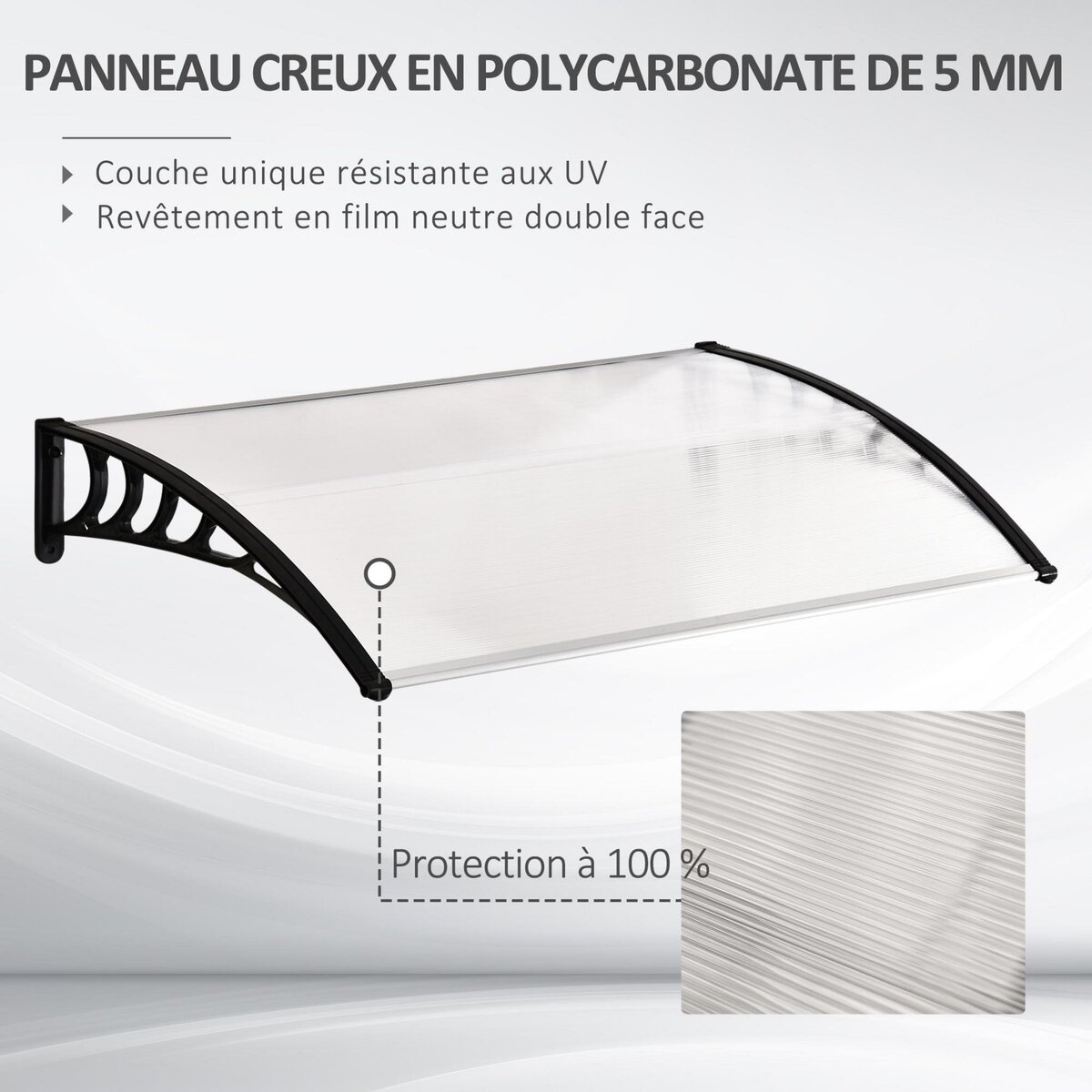 OUTSUNNY Auvent marquise de porte design voûté arrondi dim. 150L x 90l x 25H cm polycarbonate PP noir