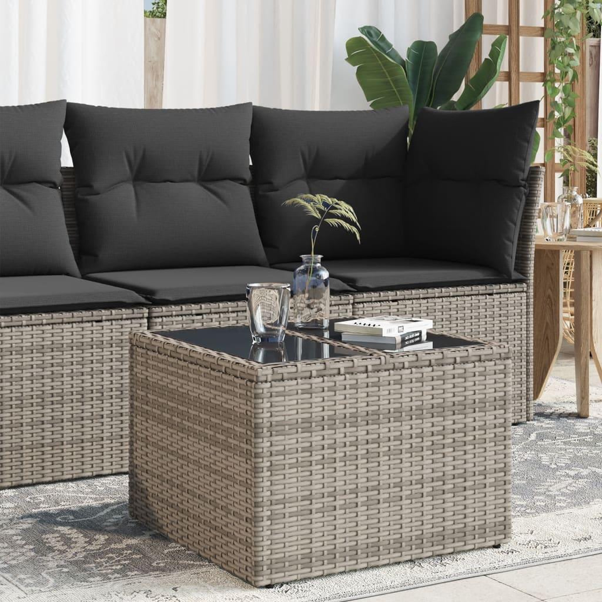 VIDAXL Table de jardin dessus en verre gris 55x55x37 cm resine tressee