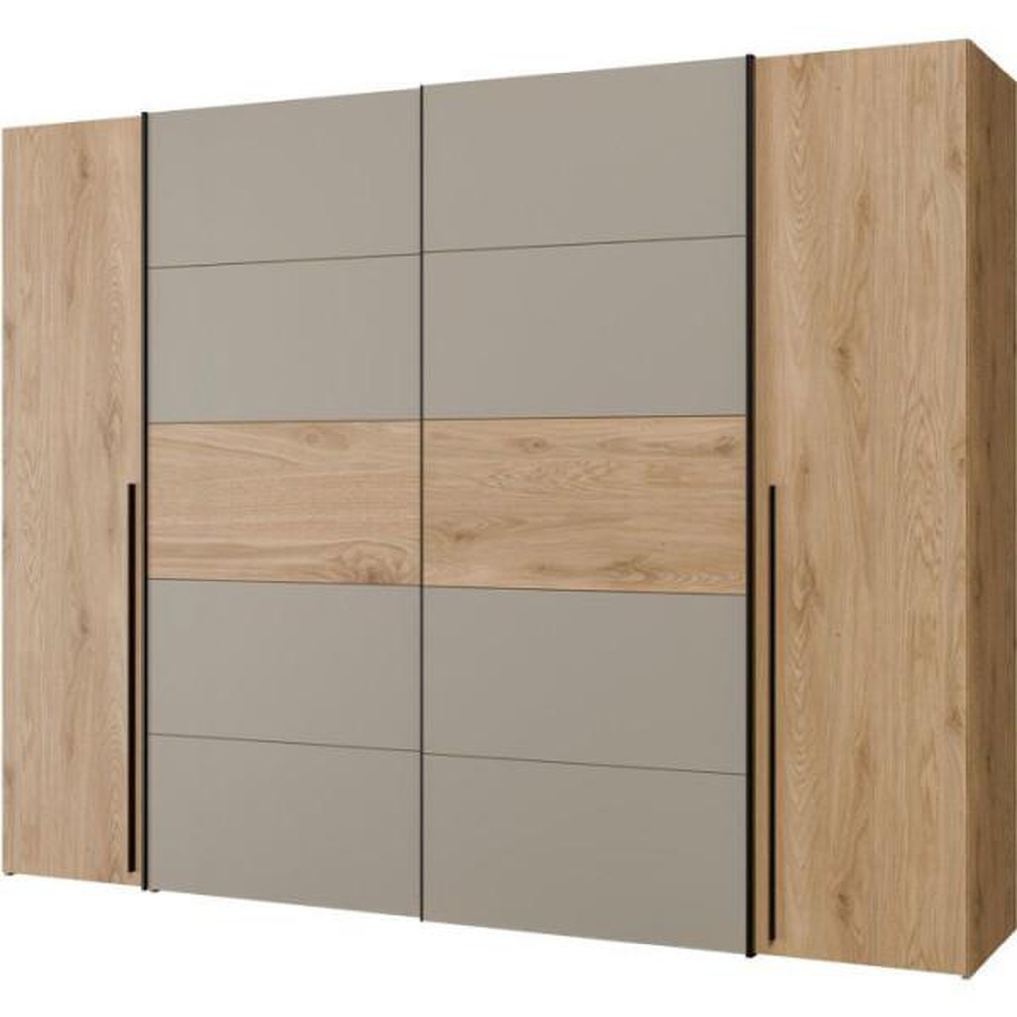 Voir la diapositive 5 : MARKET24 Armoire de chambre - NARAGO - Décor Chene et Taupe - 2 portes coulissantes + 2 portes battantes - L270 x P61 x H210 cm