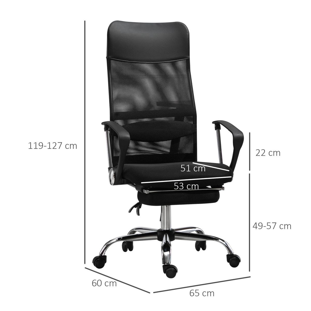 VINSETTO Fauteuil de bureau ergonomique avec coussin lombaire - repose-pieds rétractable - 65 x 60 x 119-127 cm - noir