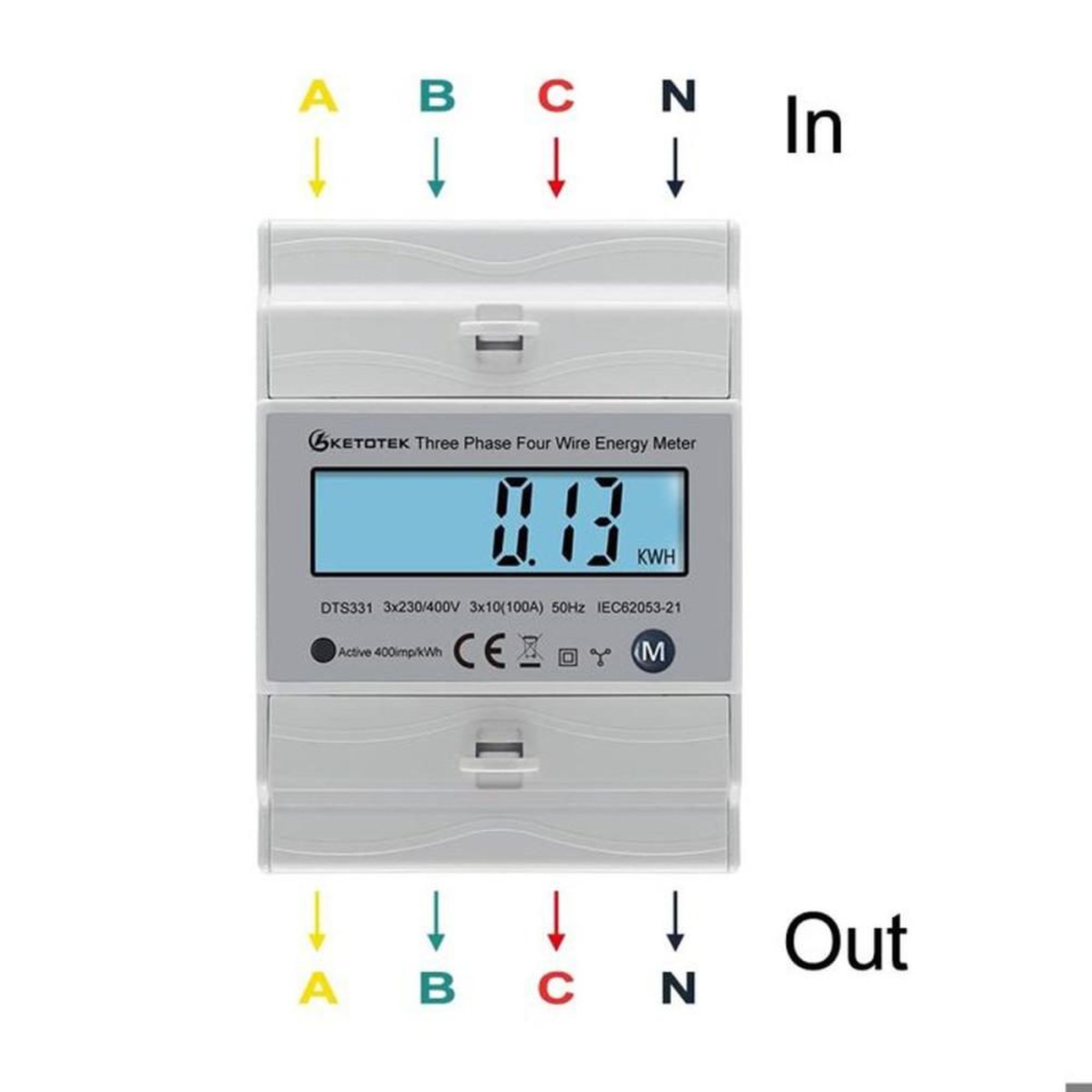 Voir la diapositive 3 : Compteur d'énergie triphasé CD bidirectionnel actif et réactif pour rail DIN Top Hat 3x100A, affichage multifonction et bouton M