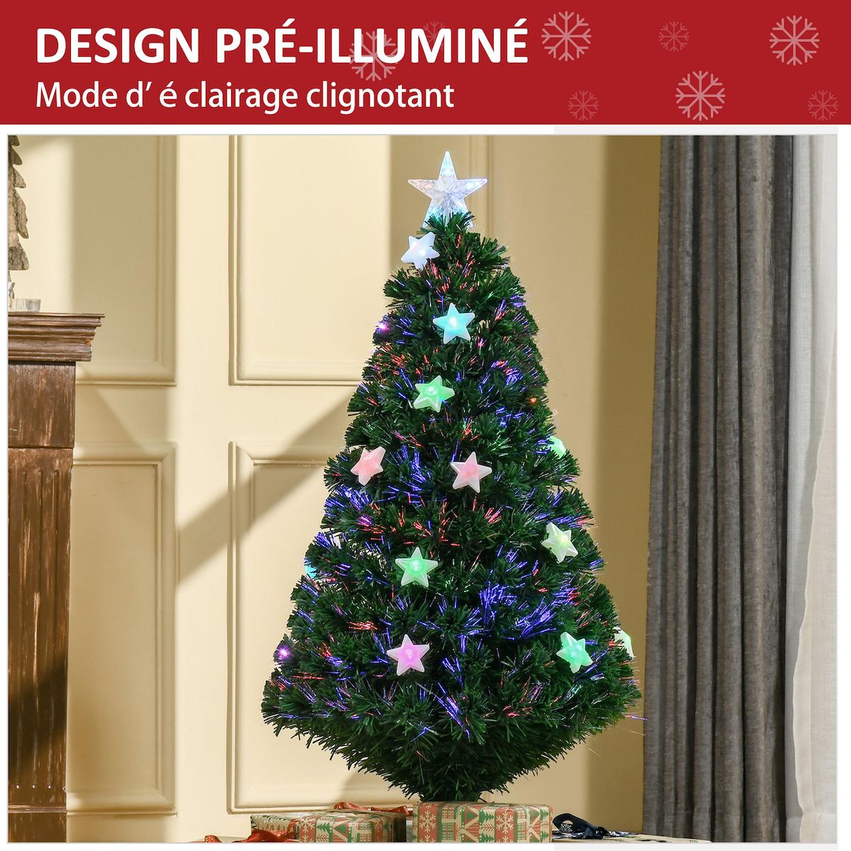 HOMCOM Sapin de Noël artificiel lumineux fibre optique LED multicolore + support pied Ø 60 x 120H cm 130 branches étoile sommet brillante vert