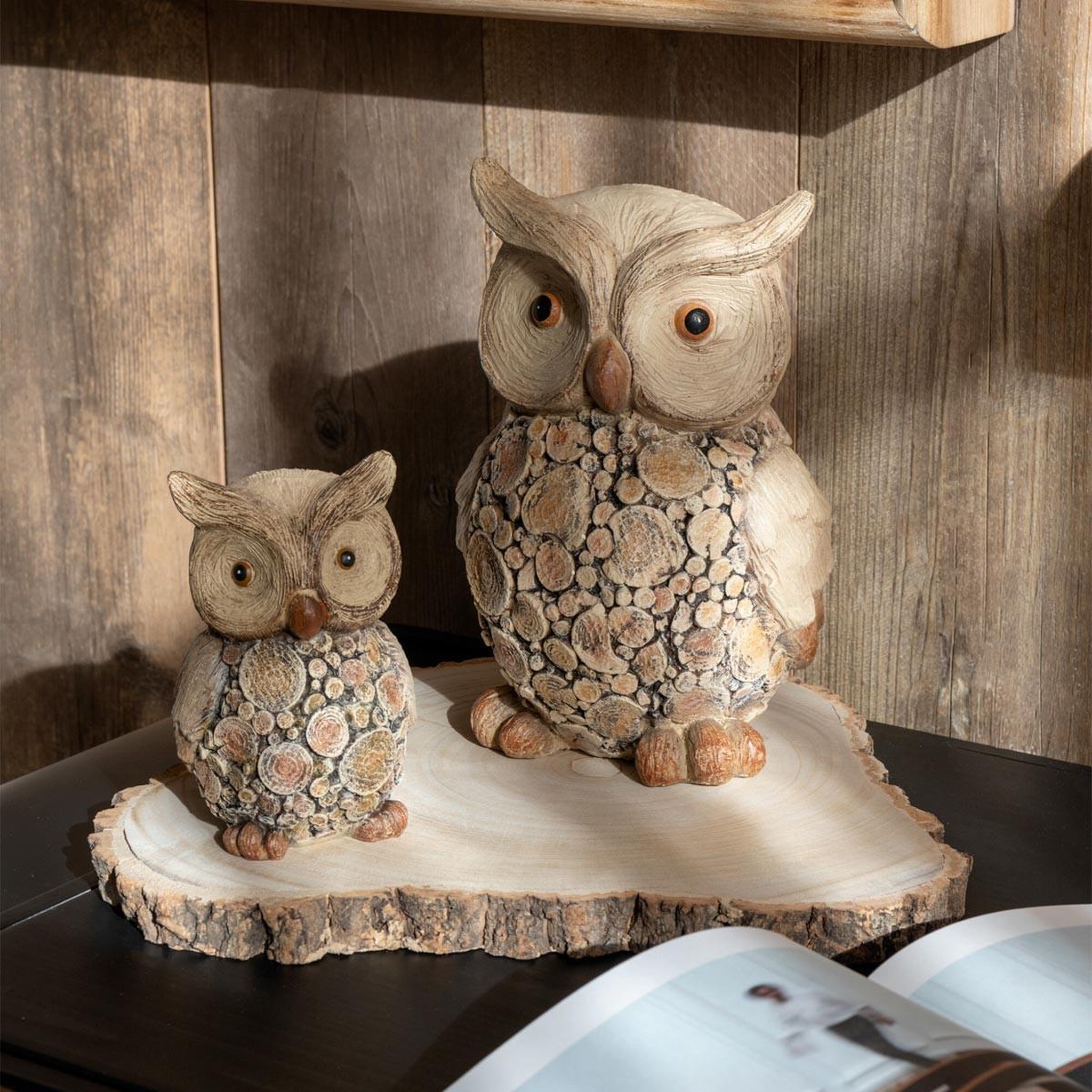 Voir la diapositive 3 : J-LINE Statuette hibou  imitation bois  29cm naturel