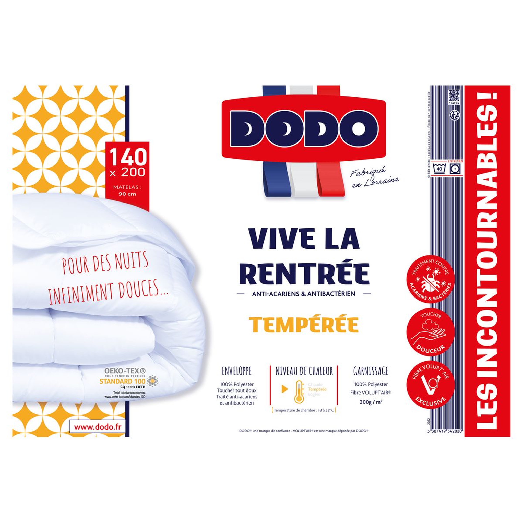 Voir la diapositive 2 : DODO Couette Tempérée Anti Acariens et Antibactérien VIVE LA RENTRÉE 300 g/m2
