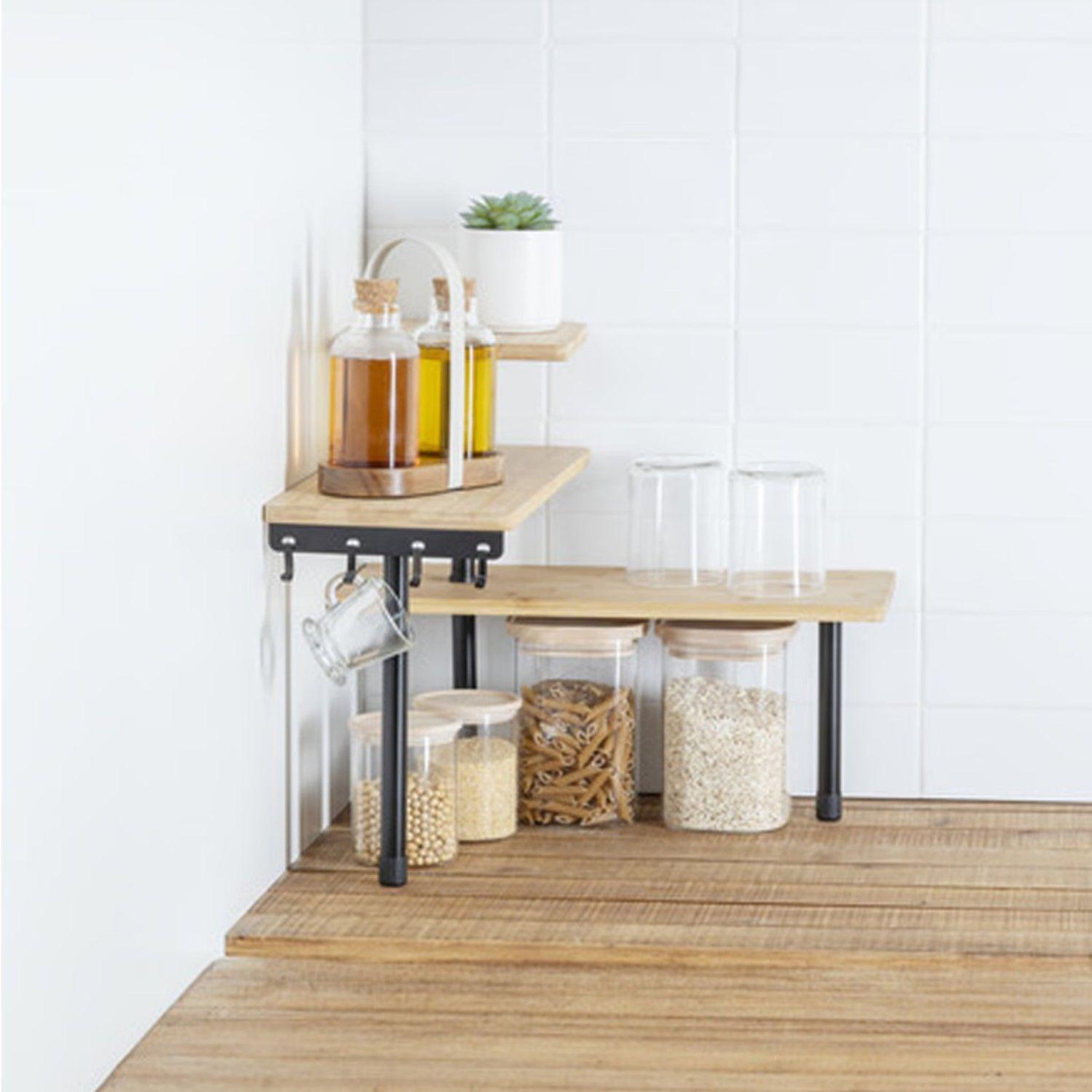 Voir la diapositive 2 : FIVE Étagère d'angle 3 niveaux en bambou et inox - Beige et noir