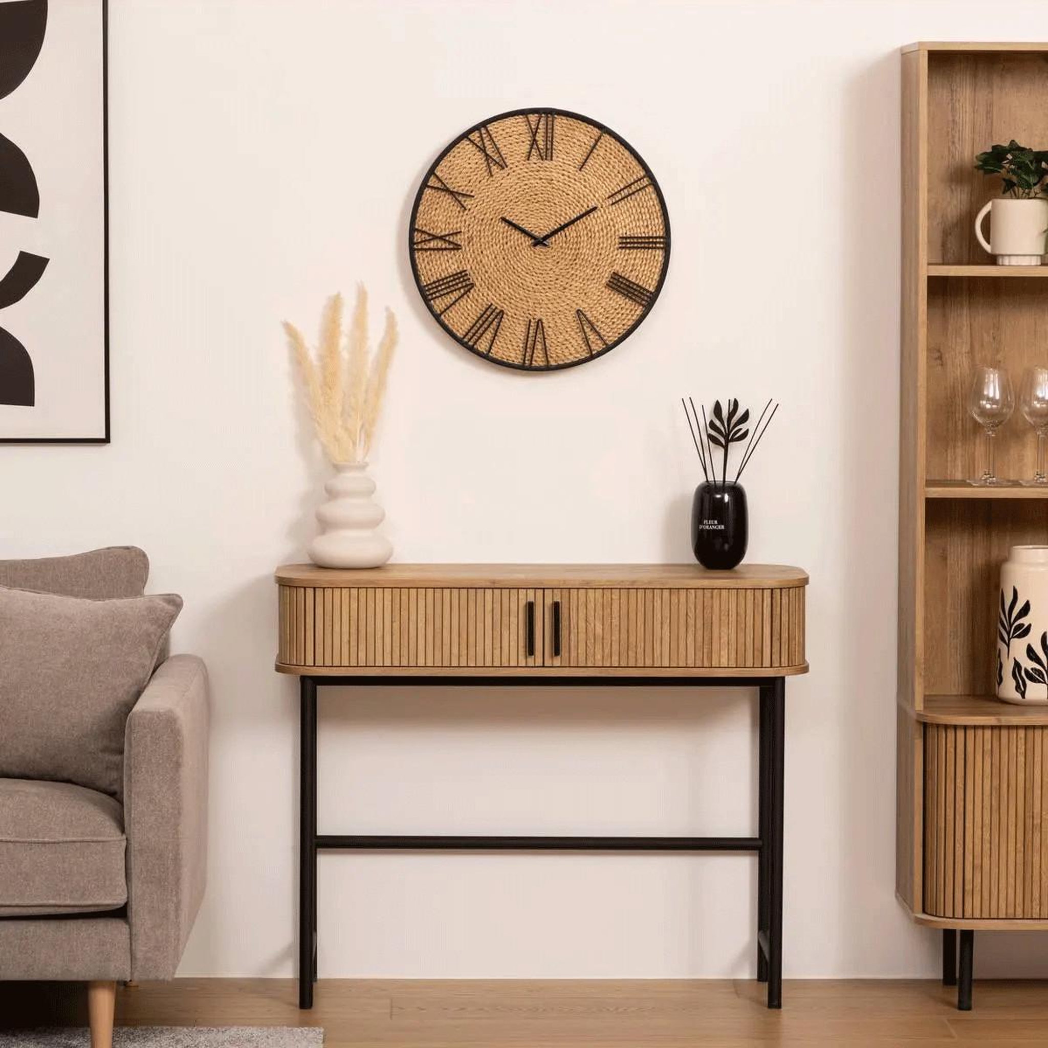 Voir la diapositive 3 : ATMOSPHERA Horloge murale déco en paille  nico  50cm beige