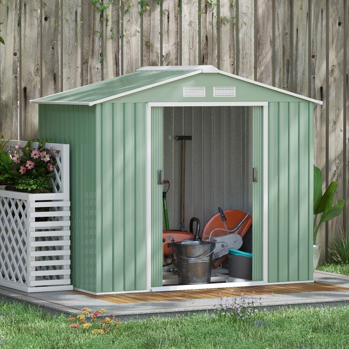 OUTSUNNY Abri de jardin - remise pour outils - cabanon porte verrouillable - dim. 213L x 130l x 185H cm - tôle d'acier vert pastel