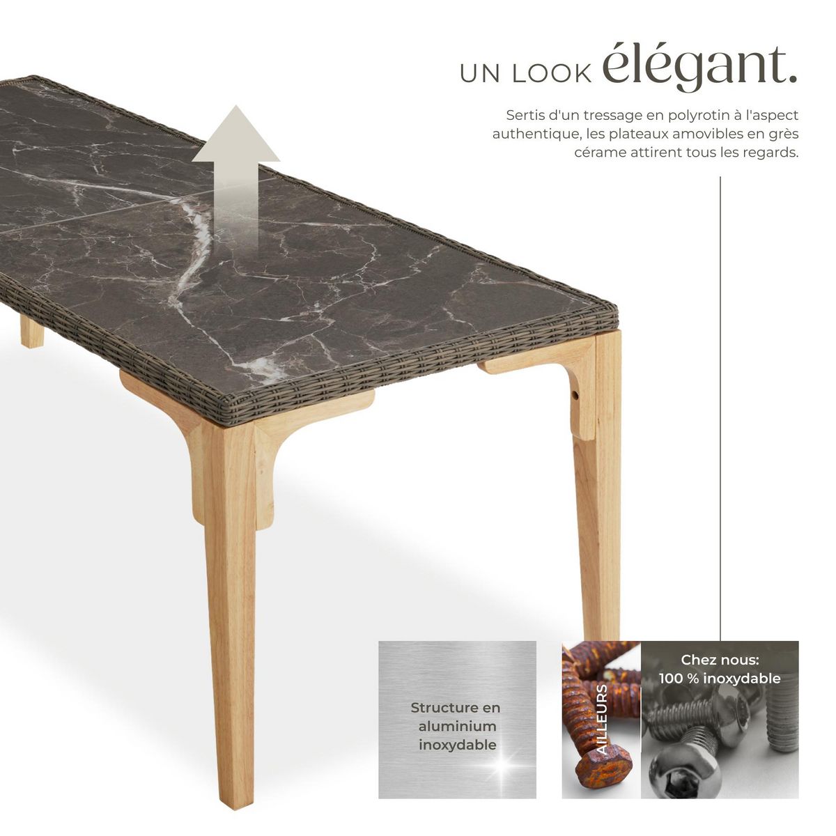 tectake Table en rotin avec cadre en aluminium et bois marron naturel
