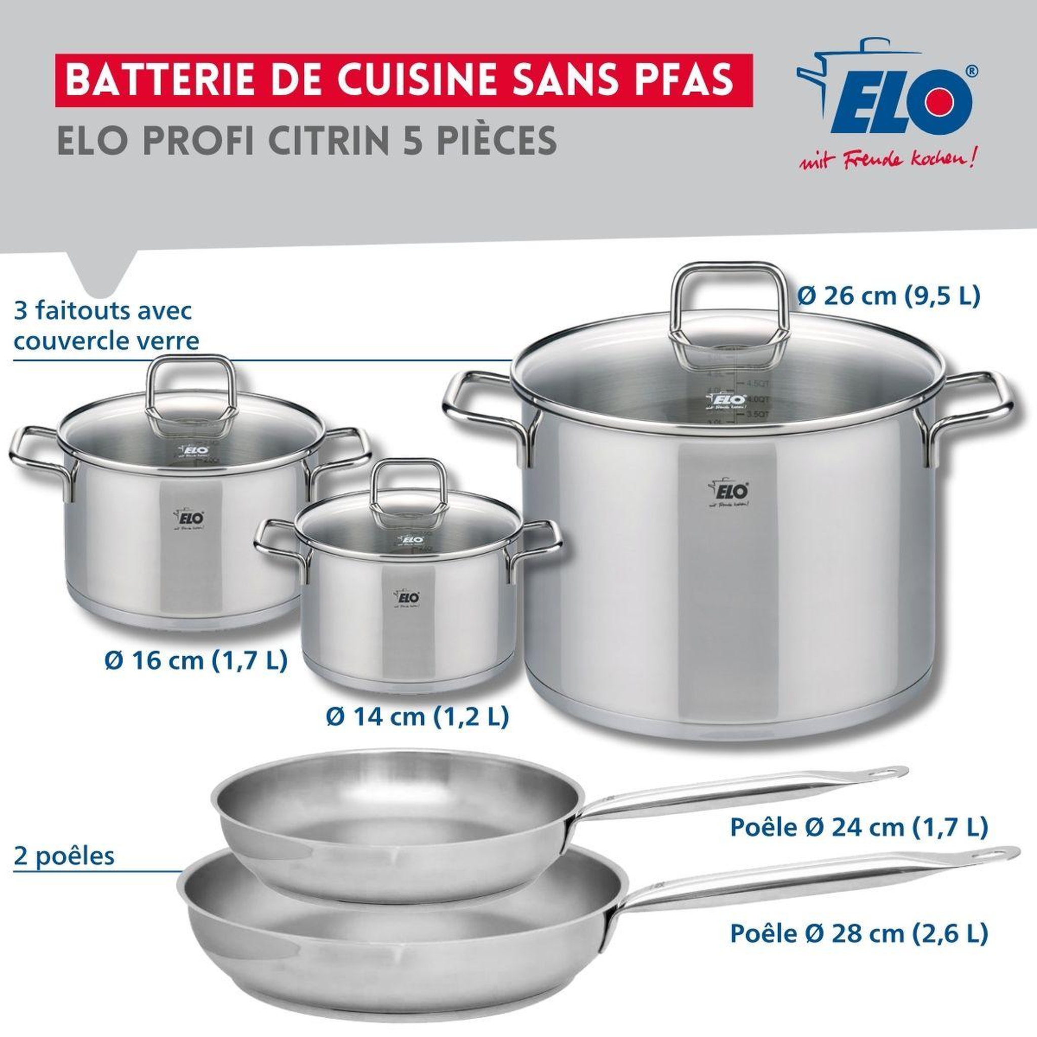 Voir la diapositive 2 : ELO Ensemble de 2 poêles de cuisson 24 et 28 cm et 3 faitouts 14, 16 et 26 cm elo profi citrin