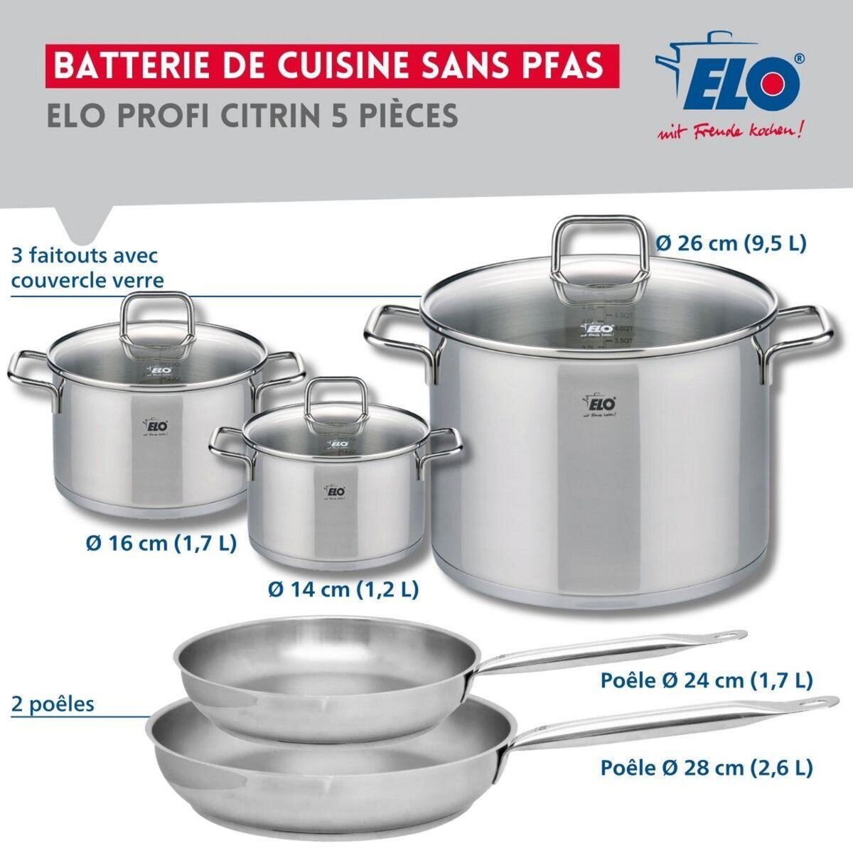 ELO Ensemble de 2 Poêles de cuisson 24 et 28 cm et 3 faitouts 14, 16 et 26 cm Elo Profi Citrin