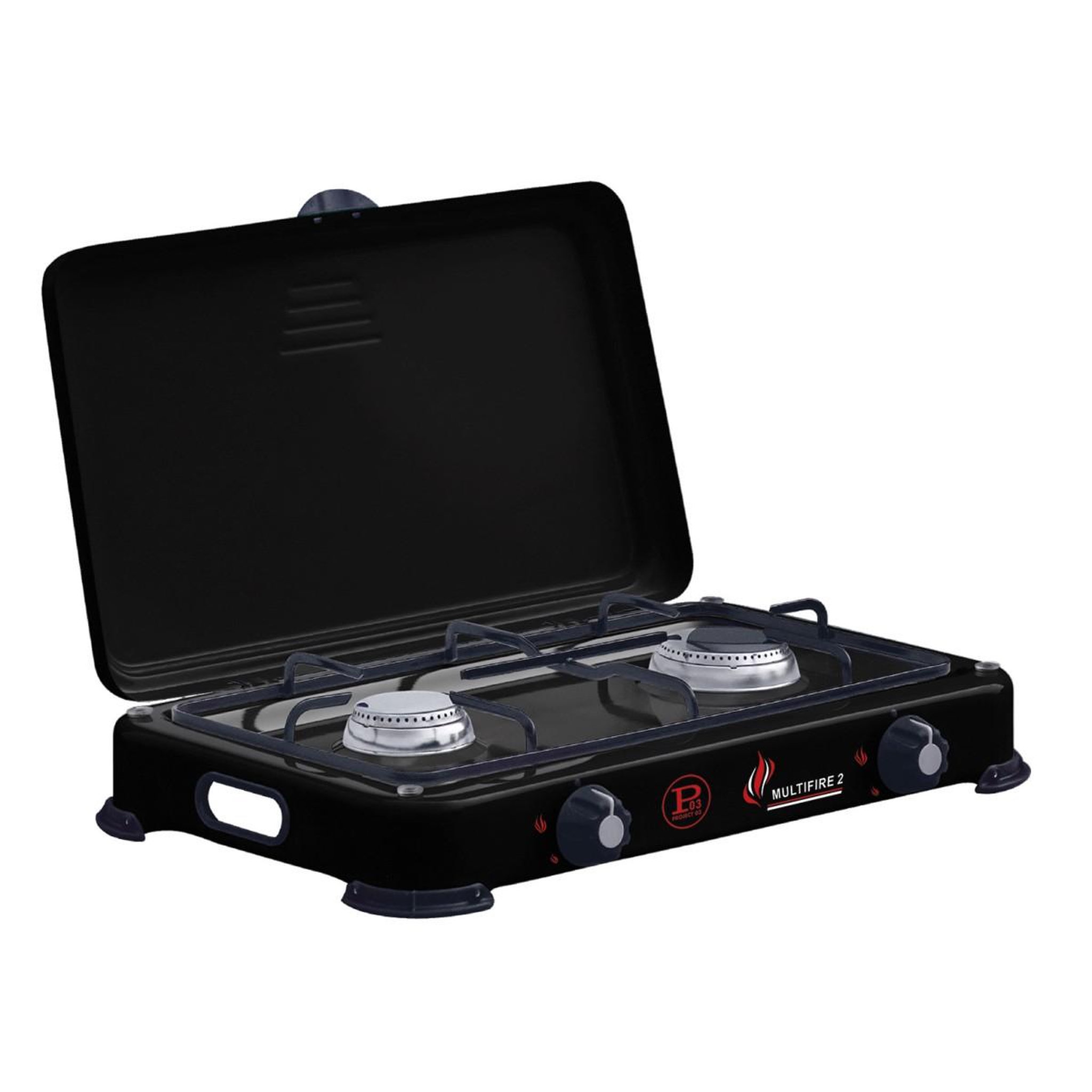 INTEC Réchaud à gaz portable 2 feux 3200W Brûleurs Inox - Plaque de cuisson gaz Butane ou Propane Design Noir INTEC