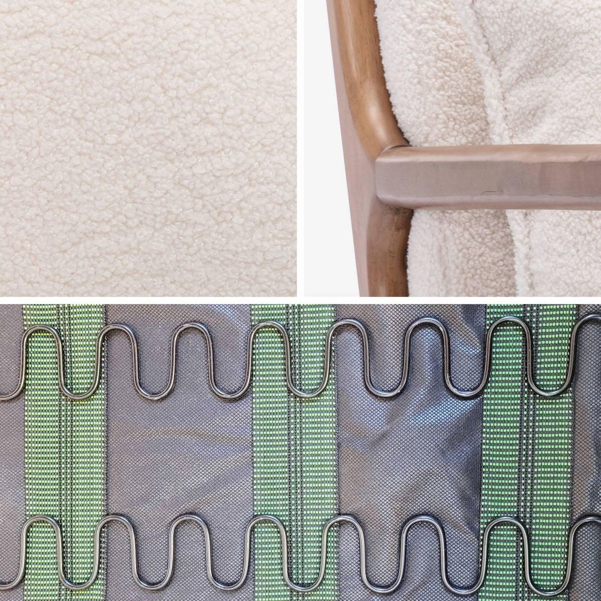 SWEEEK Fauteuil à bascule design en bois et tissu. bouclettes blanches. structure hévéa teinté noyer foncé