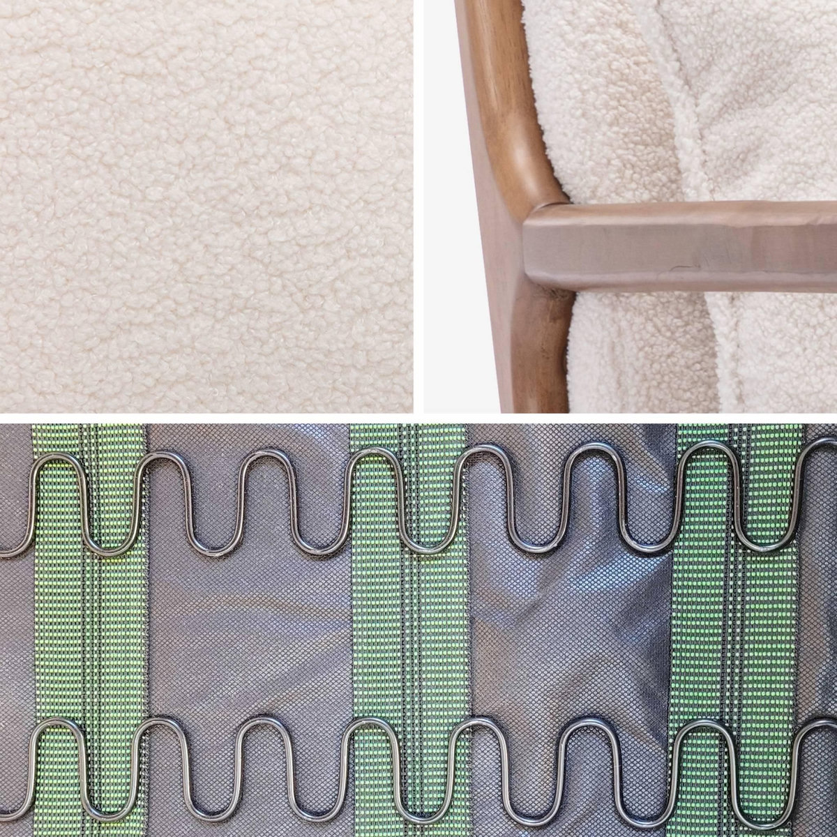 SWEEEK Fauteuil à bascule design en bois et tissu. bouclettes blanches. structure hévéa teinté noyer foncé