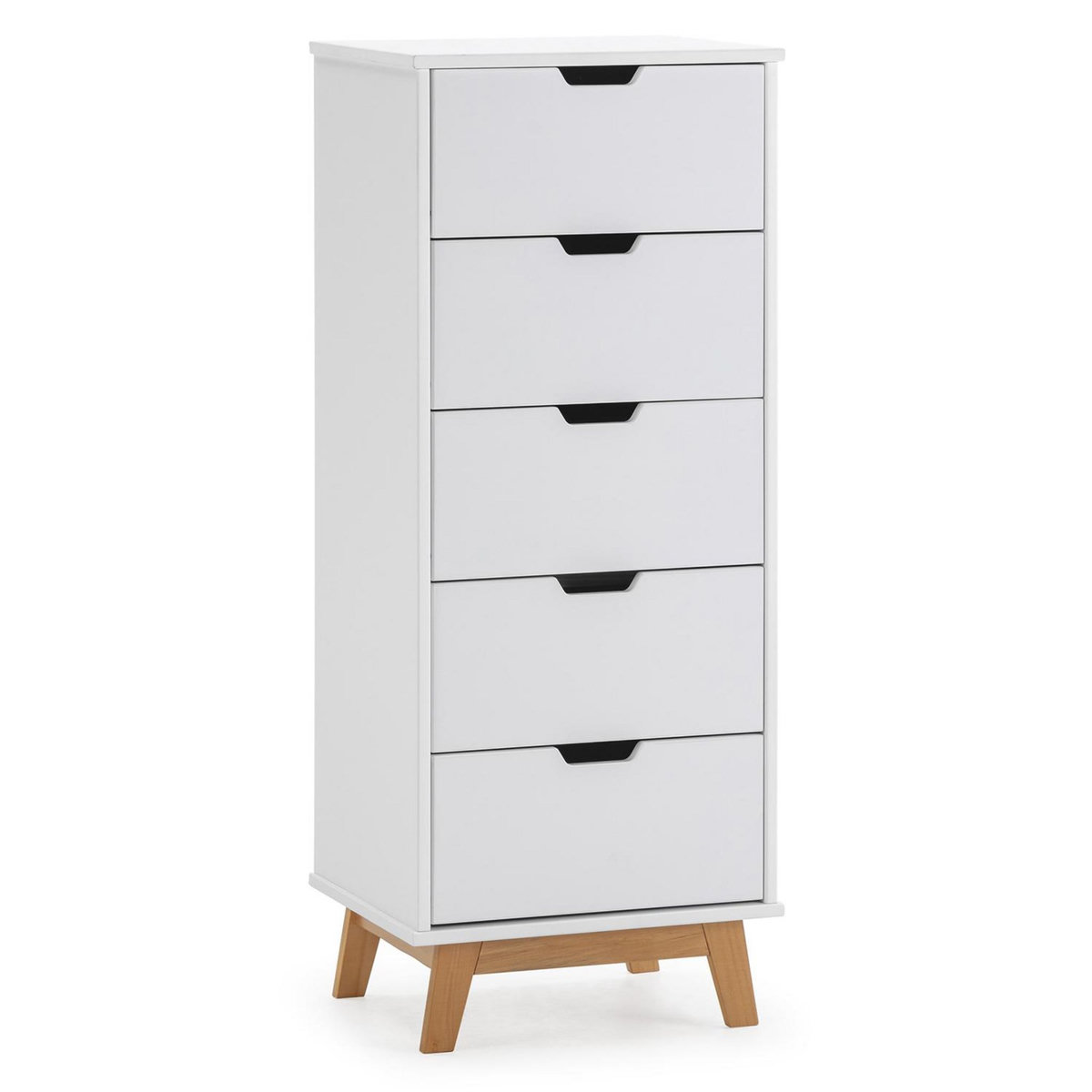 VS VENTA-STOCK Chifonnier Miranda avec 5 tirois en Couleur Blanc, Pieds en Bois Naturel