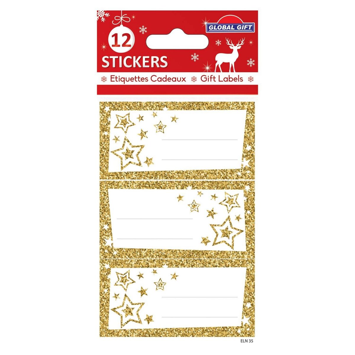  12 étiquettes adhésives de Noël - Étoiles dorées à paillettes