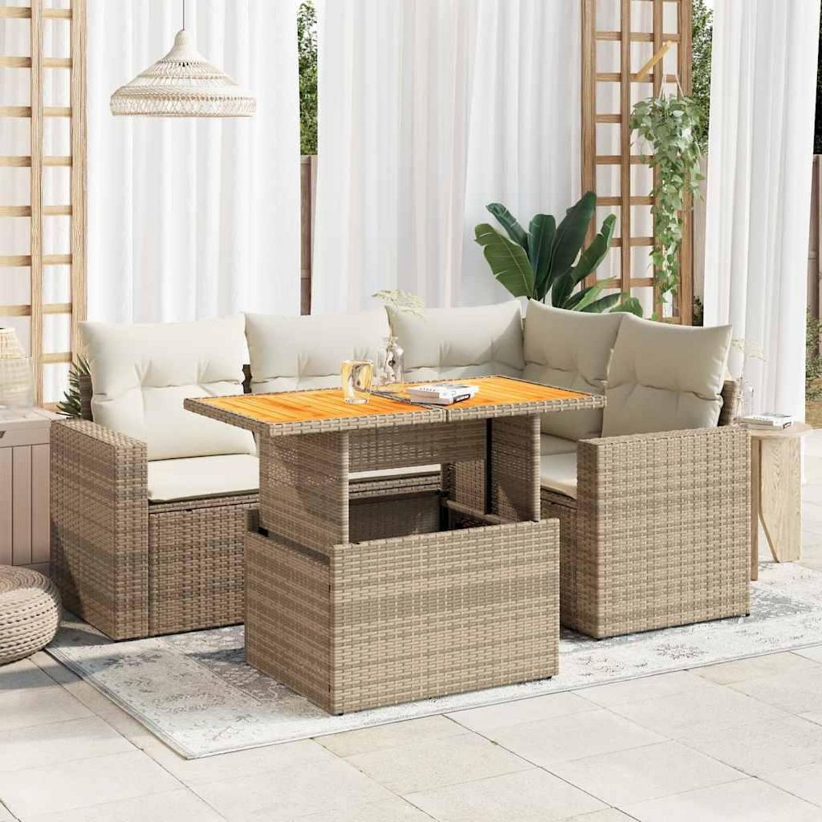 VIDAXL Salon de jardin avec coussins 5 pcs beige resine tressee
