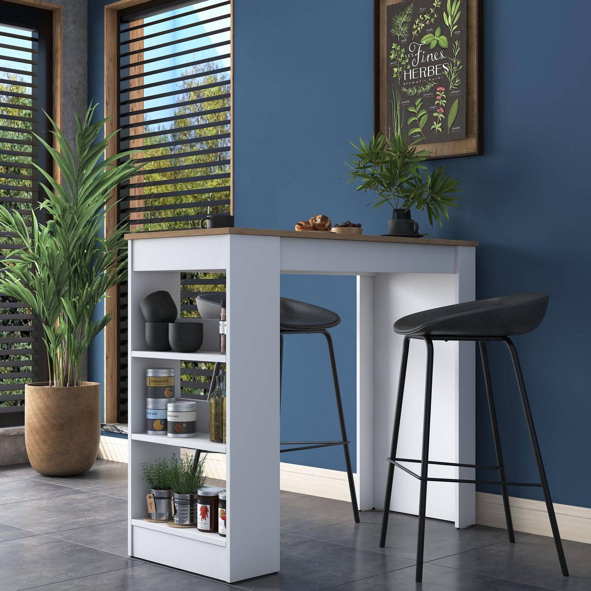 Voir la diapositive 6 : TOILINUX Table de bar avec niches de rangements en bois - marron et blanc