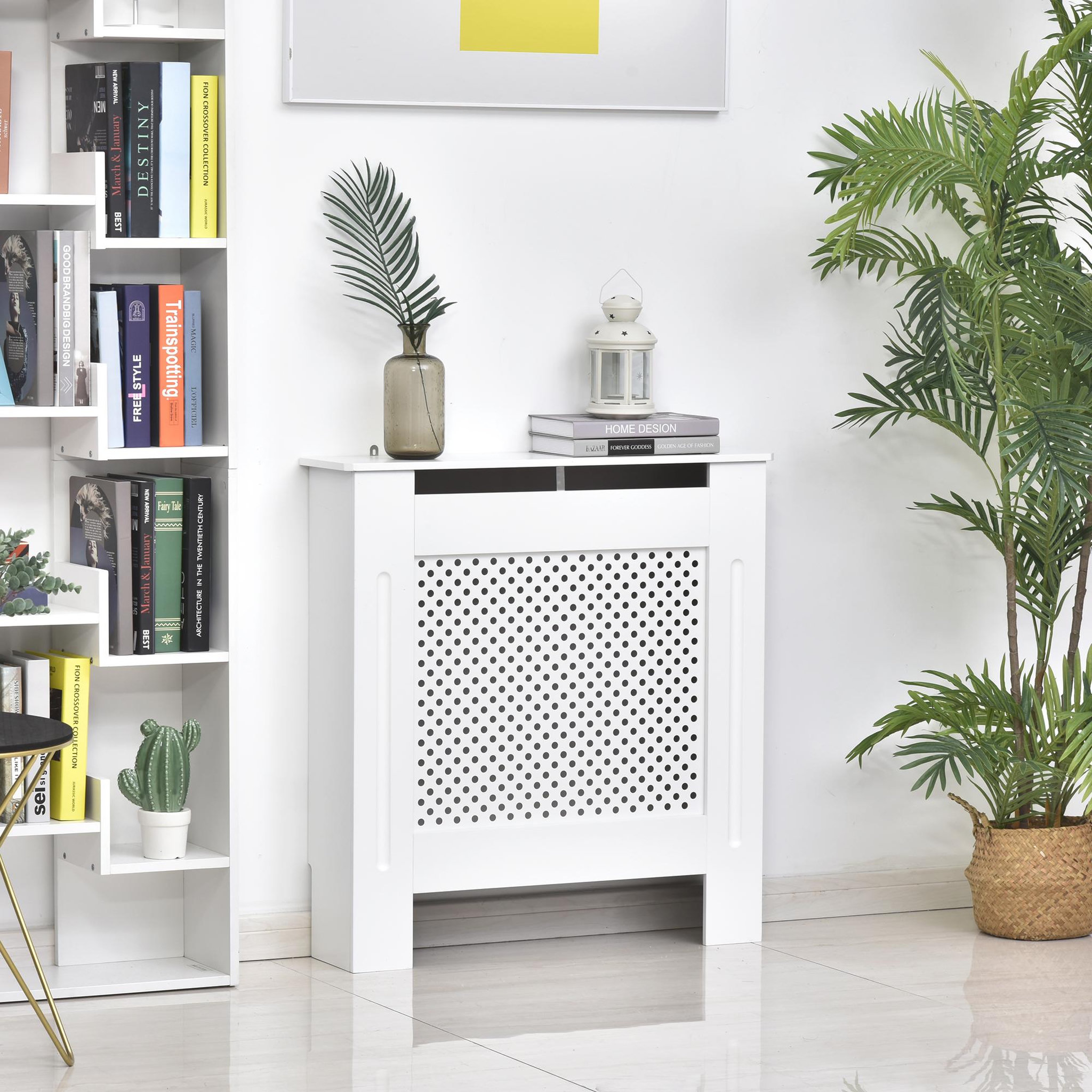 Voir la diapositive 2 : HOMCOM Cache-radiateur design - habillage radiateur motif rond - dim. 78L x 19l x 82H cm - MDF blanc