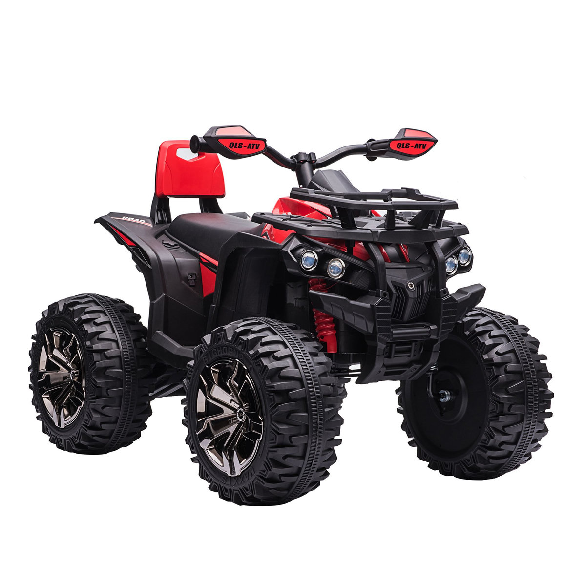 HOMCOM Voiture 4x4 quad buggy électrique enfant 12 V 5 Km/h max. effets lumineux sonores selle avec dossier porte-bagage avant métal PP rouge noir