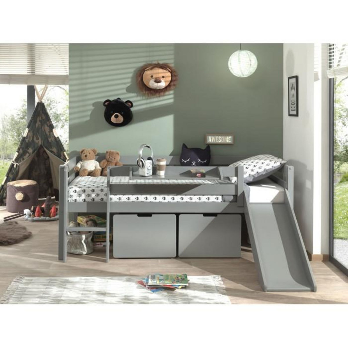 Paris Prix Pack - Lit Enfant Surélevé, 2 Tiroirs & Étagère  Pino  Gris