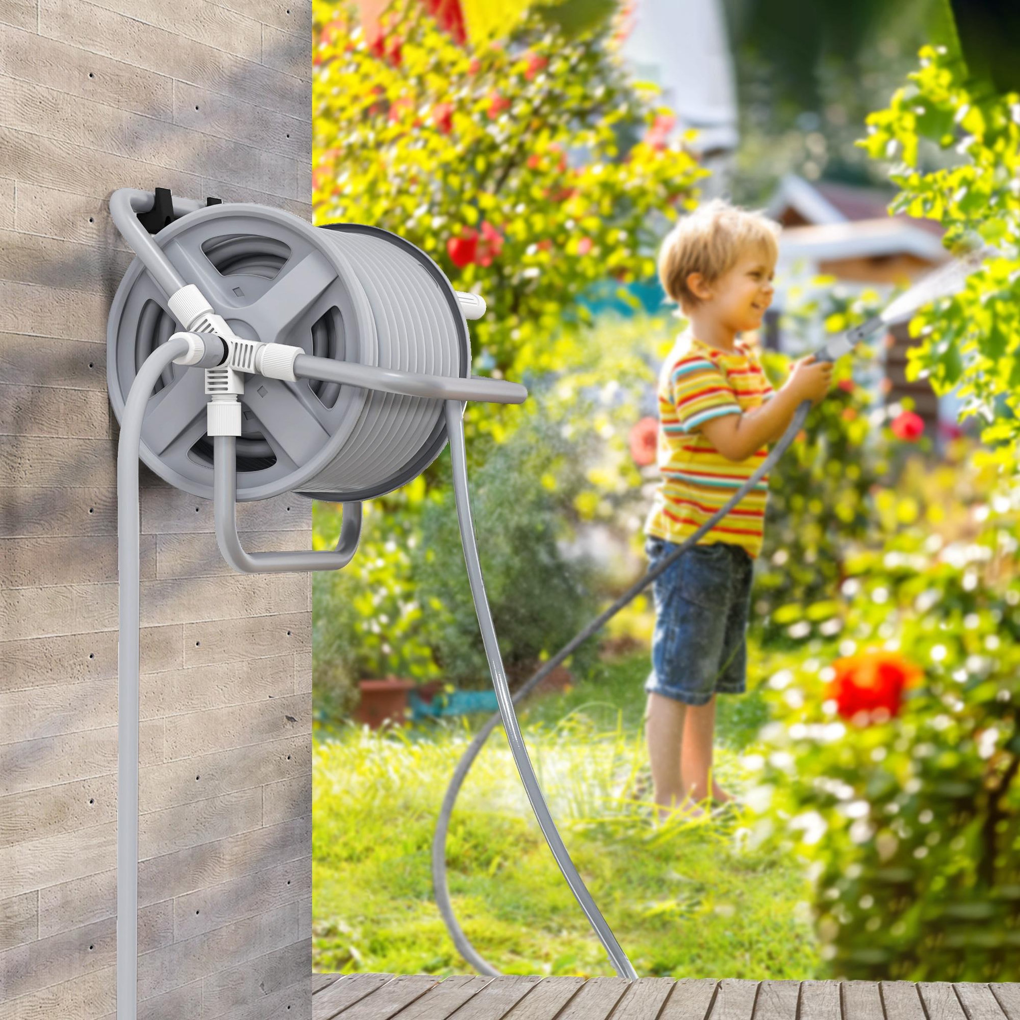 Voir la diapositive 2 : OUTSUNNY Dévidoir sur pied ou mural - enrouleur tuyau 20 + 2 m - lance arrosage réglable - support mural intégré - gris